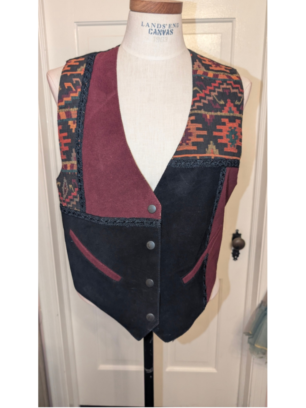 Vintage Katch Me leather Southwestern Pattern Suede Vest, Black and Burgundy